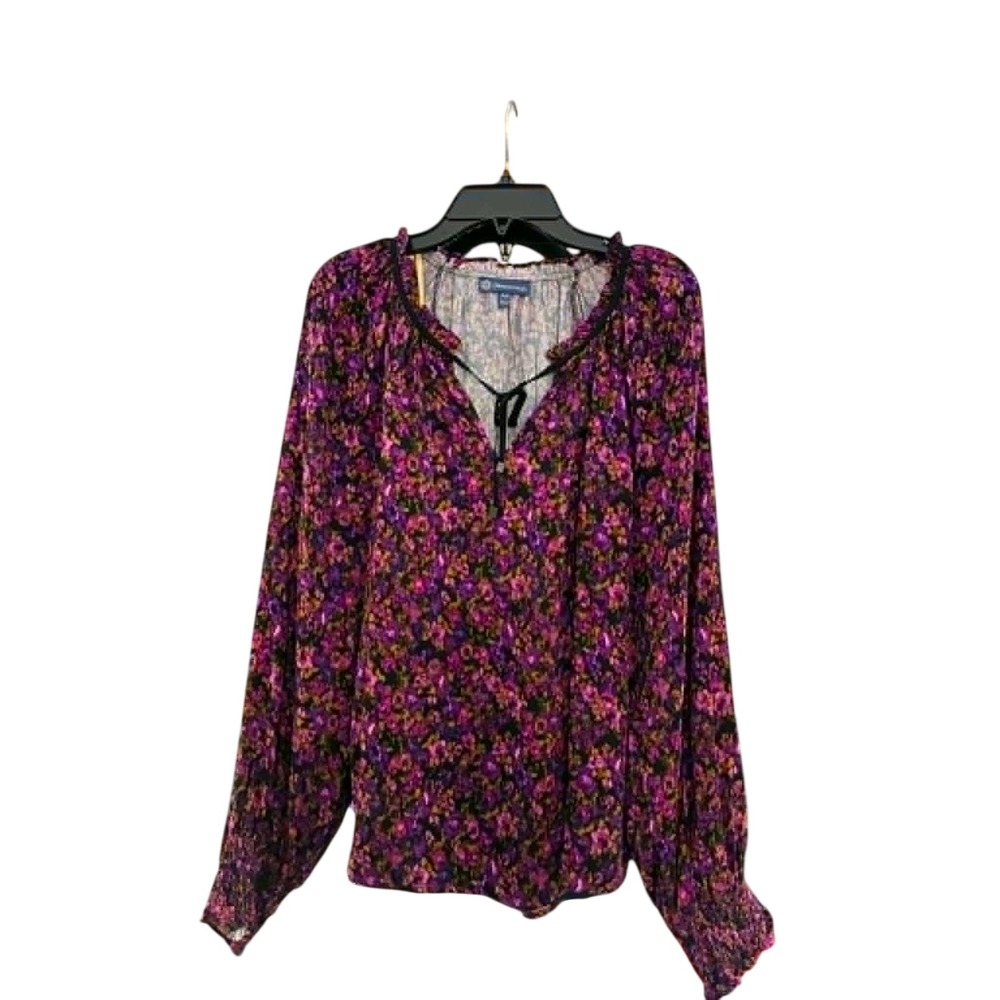 Democracy Floral Blouse Womens PM Purple Ruffle Neck Smocked Cuff Boho
